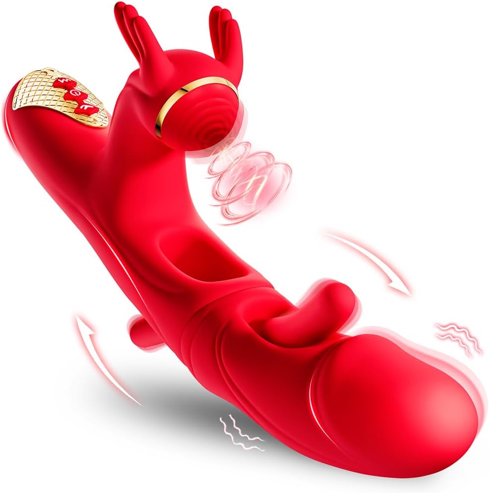 Guspiun 4-in-1 Dildo Vibrator Women Clitoris G-Spot Stimulator with 7 Double Tongue Lick and 10 Vibration Modes Rabbit Vibrator Couples Erotic Masturbating Sex Toy