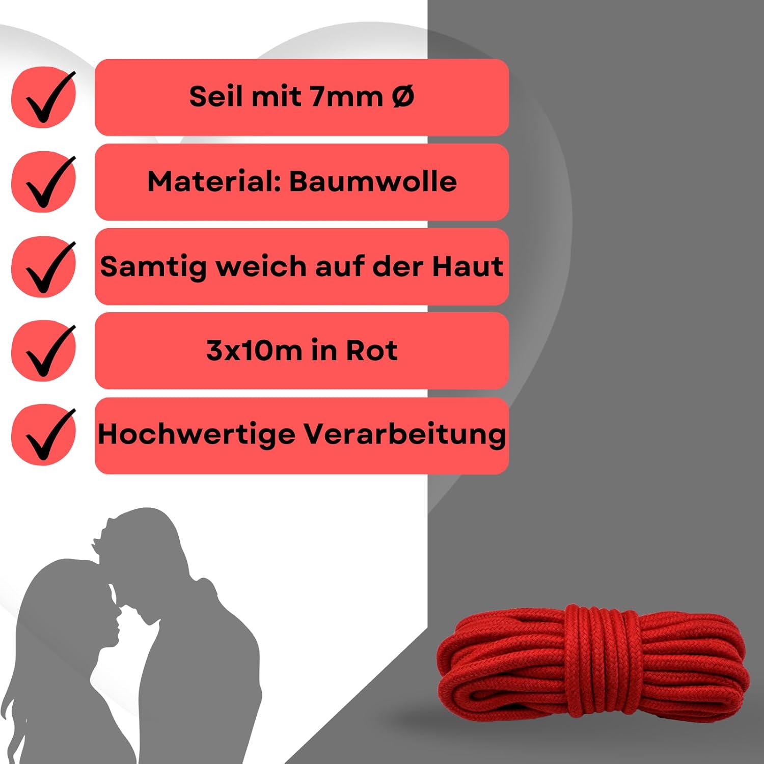 Bondage Rope Set 3 x 10 m in Red Cotton for Restraining Bondage and BDSM, Soft and Elastic Rope Lovelyness – Bild 2