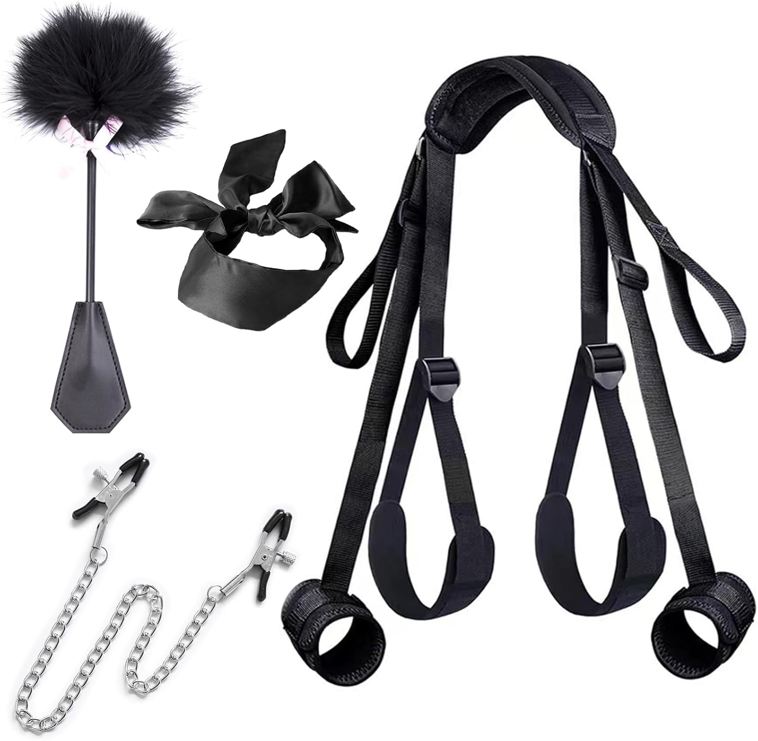 BDSM Handcuffs Sex Bed Bondage Set with Handcuffs Ankle Restraints Adjustable Thigh Bandage Ropes & Nipple Clamps Nipples & SM Eye Mask, BDSMs Toy Hard Restraints Sex Set – Bild 9