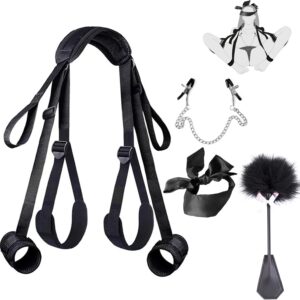 BDSM Handcuffs Sex Bed Bondage Set with Handcuffs Ankle Restraints Adjustable Thigh Bandage Ropes & Nipple Clamps Nipples & SM Eye Mask, BDSMs Toy Hard Restraints Sex Set