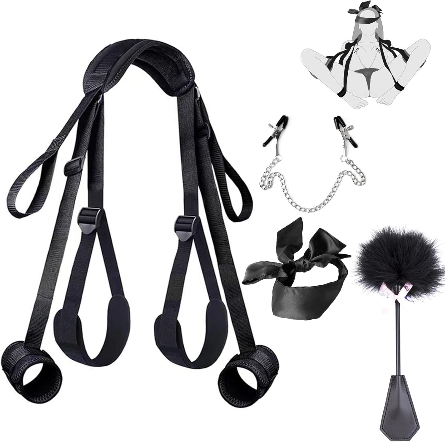 BDSM Handcuffs Sex Bed Bondage Set with Handcuffs Ankle Restraints Adjustable Thigh Bandage Ropes & Nipple Clamps Nipples & SM Eye Mask, BDSMs Toy Hard Restraints Sex Set