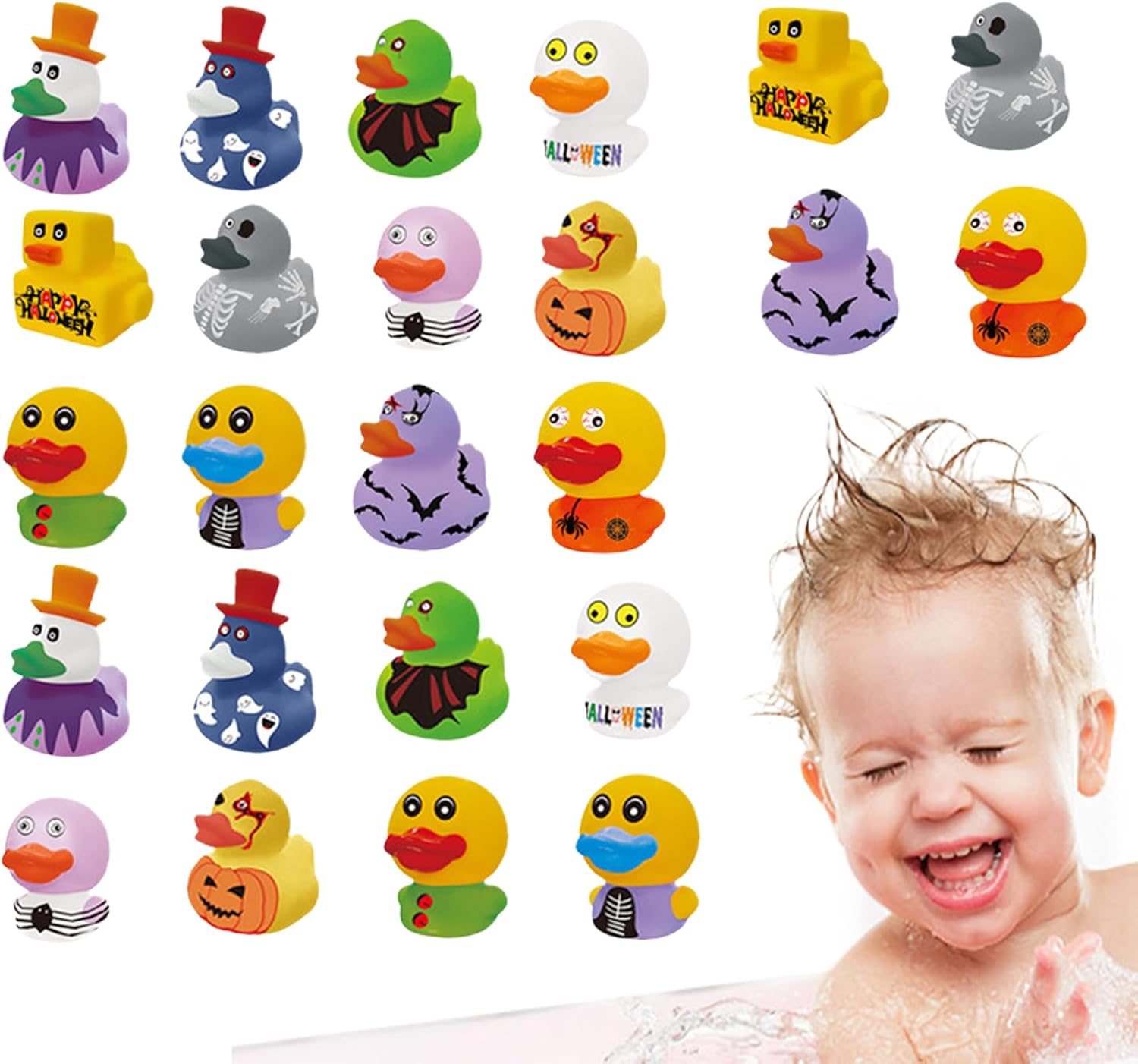 Halloween Rubber Dolls - 24 Different Shower Ducks for Party Favors | Floating Bath Toy for Bags with Stuff or Treats, Carnival Prizes, Gift Bags, Gifts