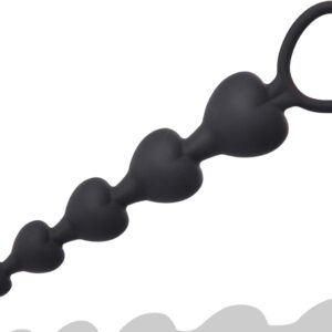 Plug Silicone Black with 6 Heart Beads – Chain for Men & Women Butt Plug for Prostate Stimulating Stretcher for Beginners & Advanced Sex Toy for Stretching Ball