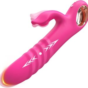 JFRong 2-in-1 Rabbit Vibrator Quiet Dildo Vibrator with Shock Function for Her Silicone G-Spot Clitoris Stimulator with 10 Telescopic Modes and 10 Vibration Modes Erotic Sex Toy for Women (Pink)