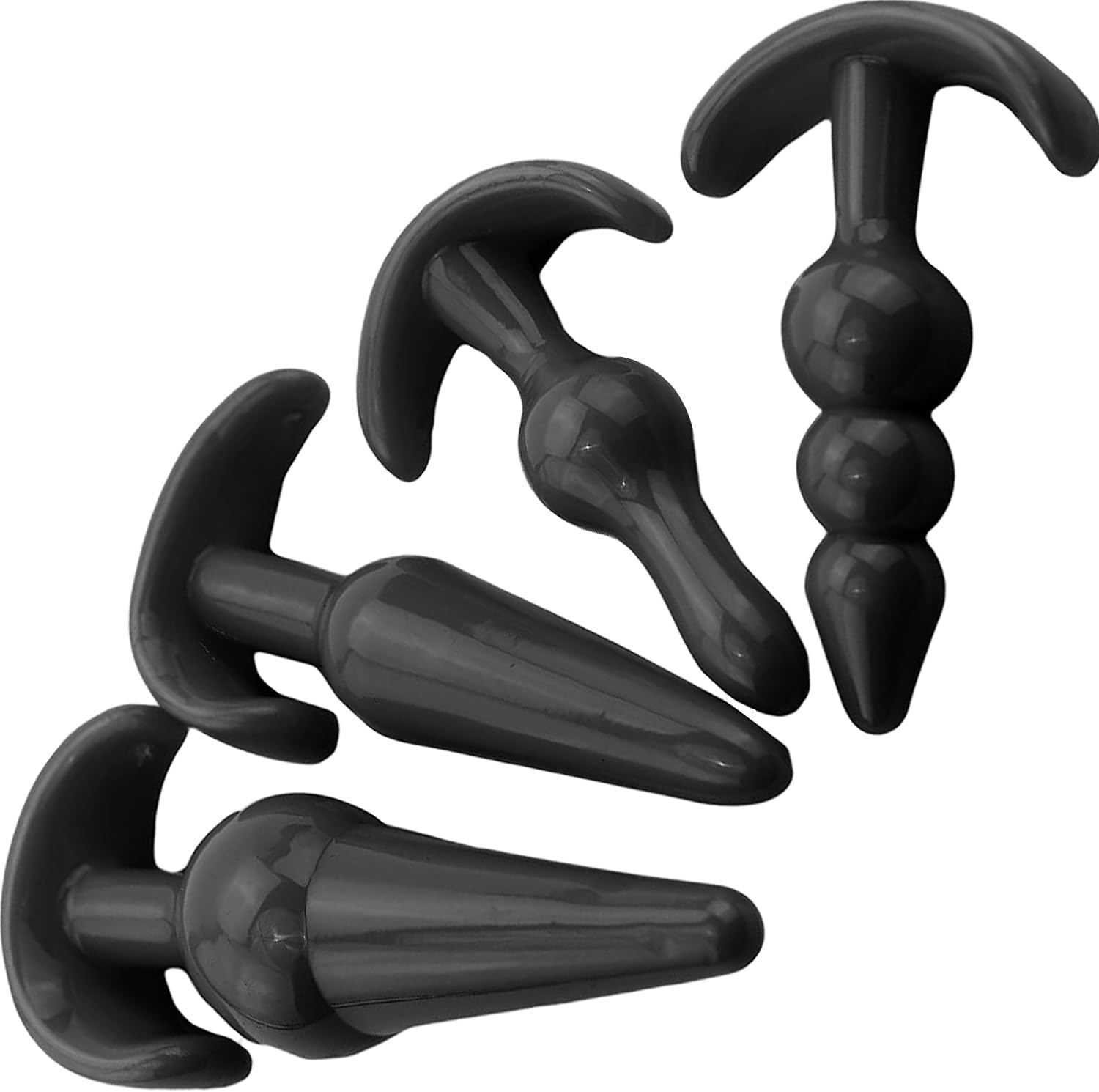 FOPS A49 Plug Set for Women, 4 Pieces (9 cm, 9.5 cm, 11 cm, 12.5 cm) in Black Colour, Sex Toy for Couples, Butt Plug, Beginners, Set, Chain for Women, Chain Toy Plug