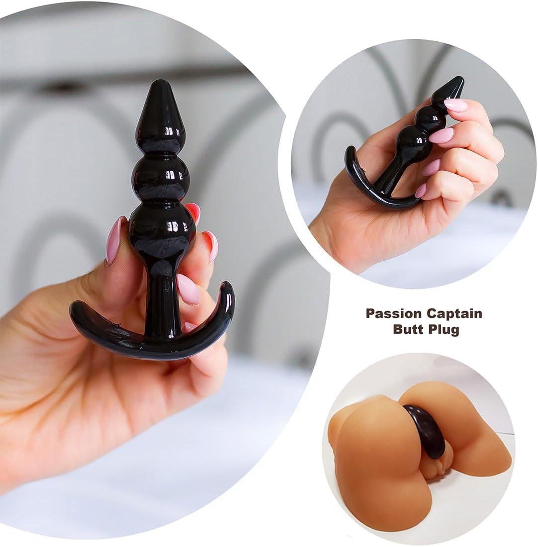 FOPS A49 Plug Set for Women, 4 Pieces (9 cm, 9.5 cm, 11 cm, 12.5 cm) in Black Colour, Sex Toy for Couples, Butt Plug, Beginners, Set, Chain for Women, Chain Toy Plug – Bild 5