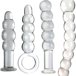 4 Piece Glass Crystal Chain Butt Plug Glass Dildo Man Set, 4 Sizes Transparent Crystal Balls, Plug, Dildo, G-Spot Stimulation Sex Toy for Women Men Couples, Clear, 4