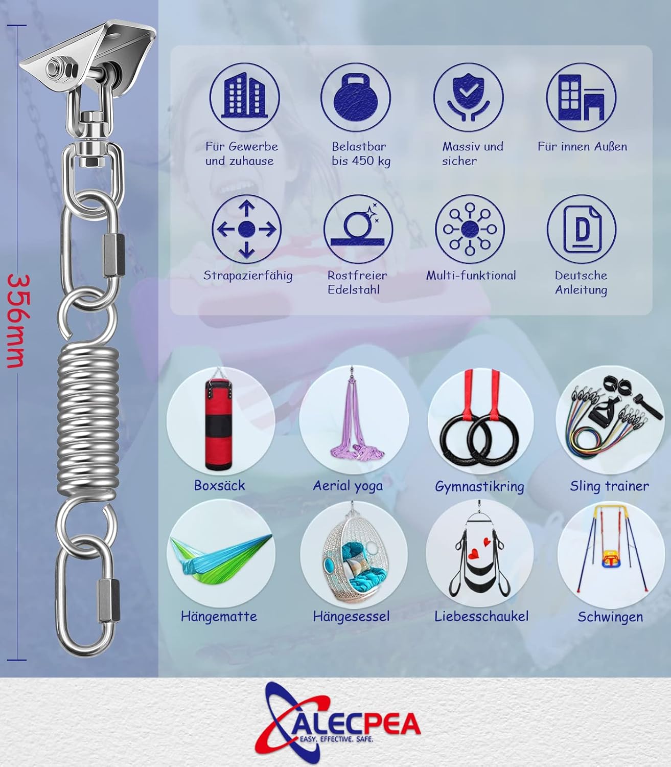 ALECPEA Ceiling Hook Hanging Chair Swing Spring up to 450 kg - 360° Rotating Ceiling Mount, Punch Bag Holder - Swing Hooks for Concrete Wood Sets Playground Porch Seat Trapeze Yoga Gym – Bild 4