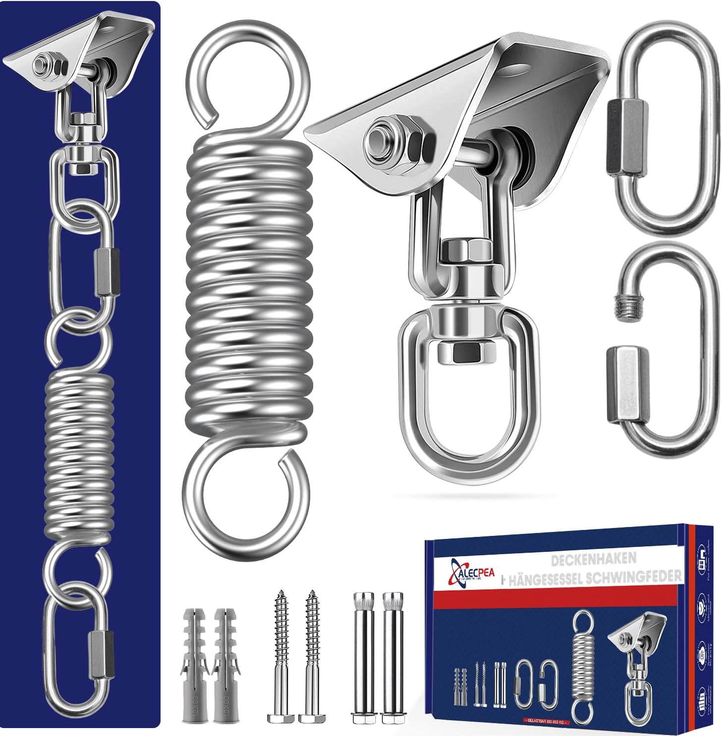 ALECPEA Ceiling Hook Hanging Chair Swing Spring up to 450 kg - 360° Rotating Ceiling Mount, Punch Bag Holder - Swing Hooks for Concrete Wood Sets Playground Porch Seat Trapeze Yoga Gym