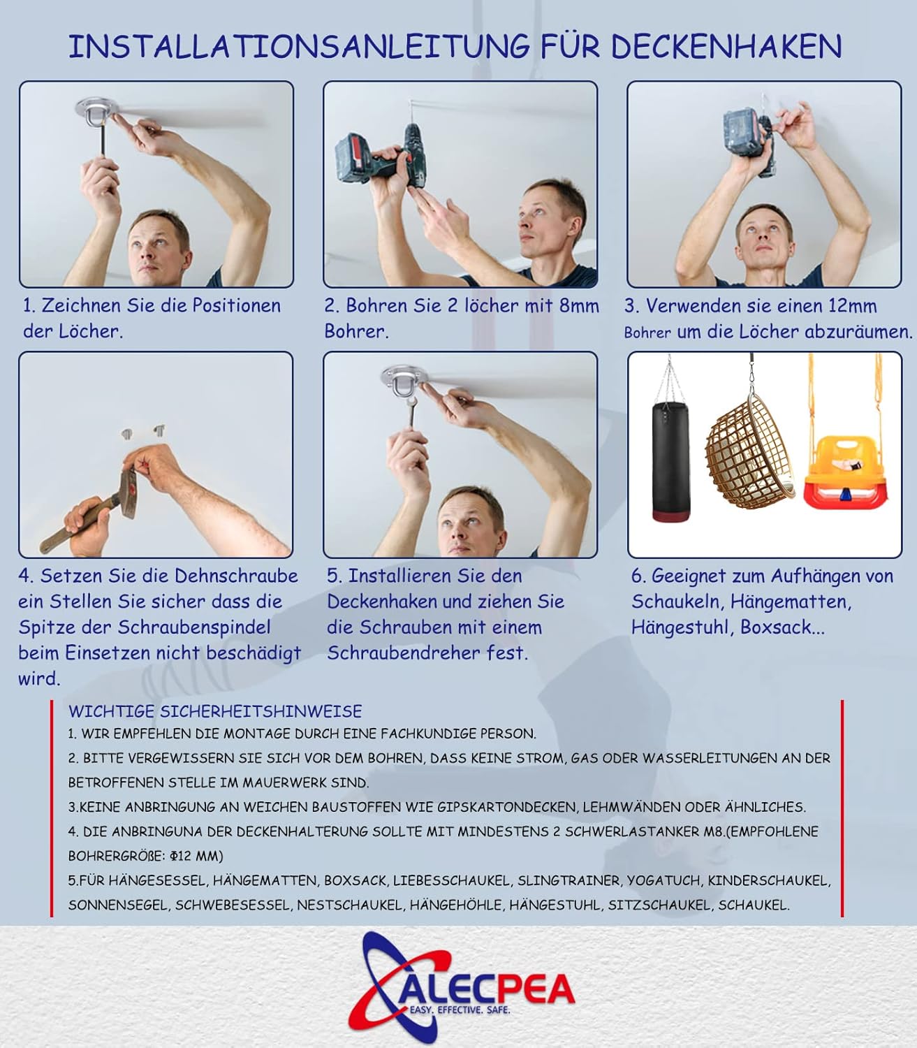 ALECPEA Ceiling Hook Hanging Chair Swing Spring up to 450 kg - 360° Rotating Ceiling Mount, Punch Bag Holder - Swing Hooks for Concrete Wood Sets Playground Porch Seat Trapeze Yoga Gym – Bild 6