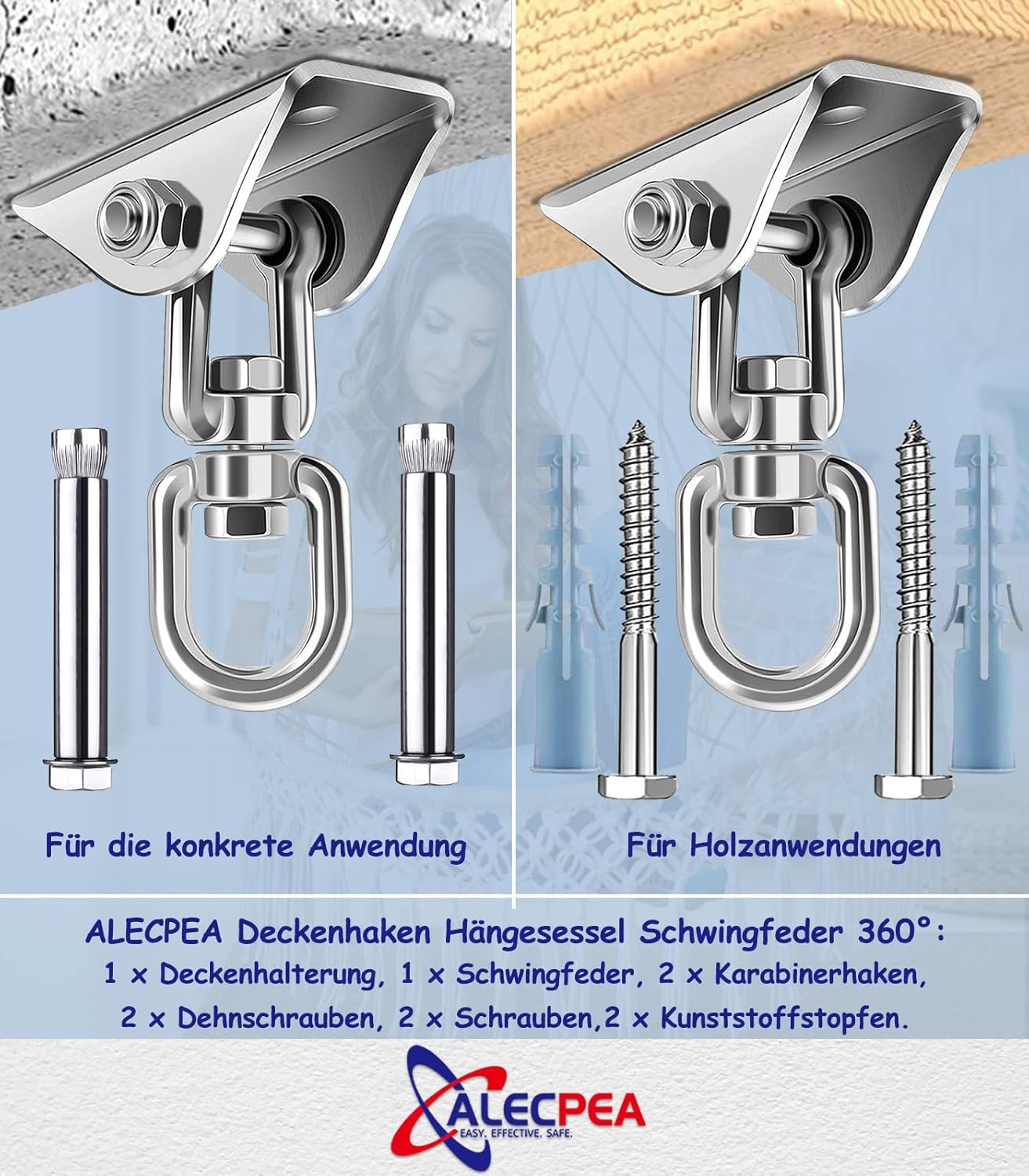 ALECPEA Ceiling Hook Hanging Chair Swing Spring up to 450 kg - 360° Rotating Ceiling Mount, Punch Bag Holder - Swing Hooks for Concrete Wood Sets Playground Porch Seat Trapeze Yoga Gym – Bild 2