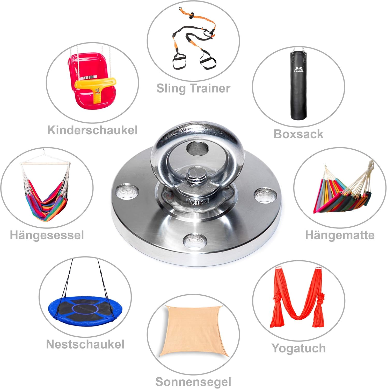 Premium stainless steel bracket up to 250 g for hanging chairs, hammock, punch bag, sling trainer, yoga towel, sun sail, nest swing, hammock, seating, swing. – Bild 7