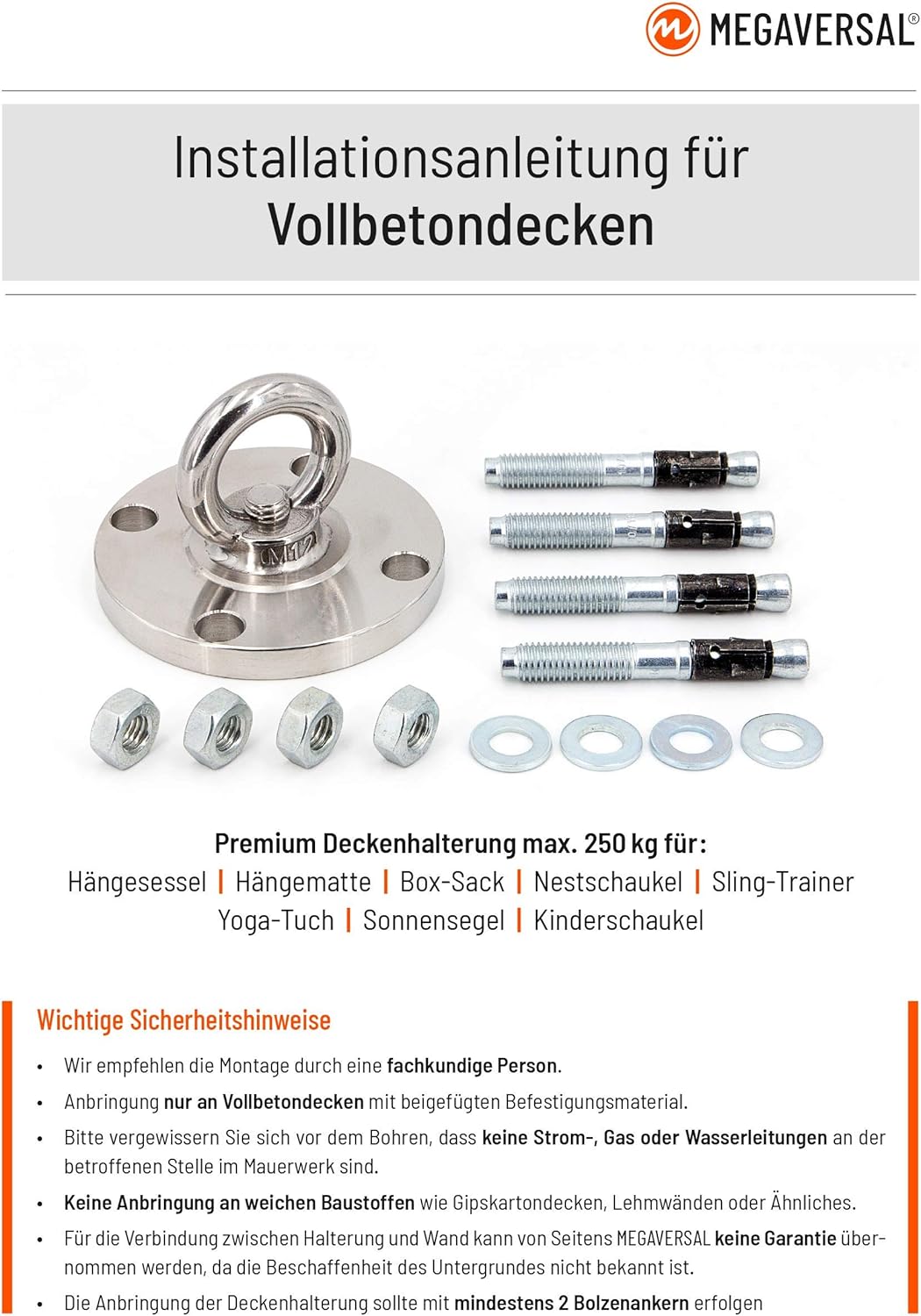 Premium stainless steel bracket up to 250 g for hanging chairs, hammock, punch bag, sling trainer, yoga towel, sun sail, nest swing, hammock, seating, swing. – Bild 8