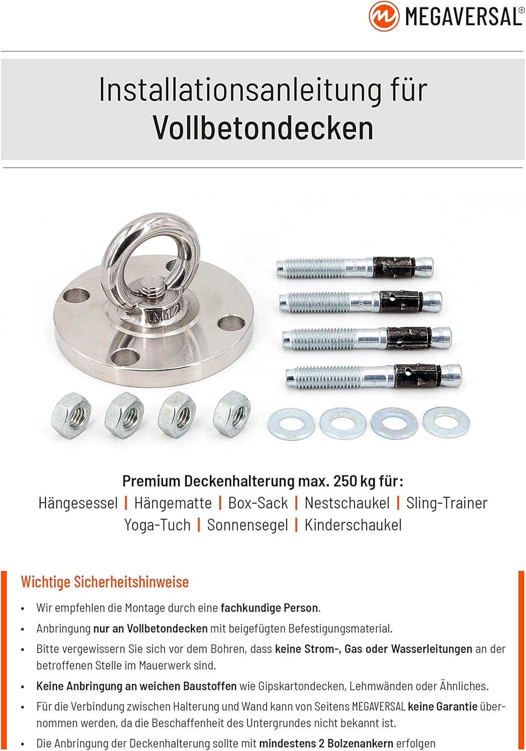 Premium stainless steel bracket up to 250 g for hanging chairs, hammock, punch bag, sling trainer, yoga towel, sun sail, nest swing, hammock, seating, swing. – Bild 4