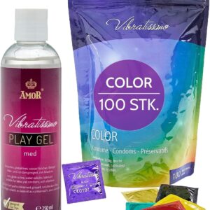 Vibratissimo Colour Condoms Pack of 100 & Lubricant Set – Real Feel & Extra Moist – Condoms for Men – Condoms in Resealable Bag – Condoms Pack in Red, Black, Green, Yellow, Gold
