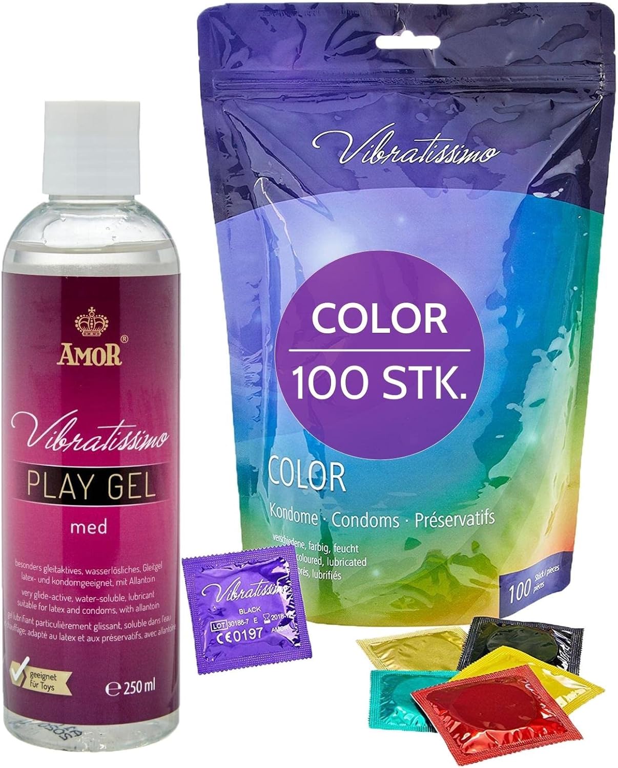 Vibratissimo Colour Condoms Pack of 100 & Lubricant Set – Real Feel & Extra Moist – Condoms for Men – Condoms in Resealable Bag – Condoms Pack in Red, Black, Green, Yellow, Gold