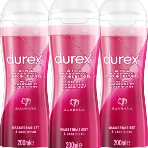Durex 2 in 1 Massage- und Gleitgel Guarana – mit Massage-Applikator, Kondom-geeignet, klebt nicht & hinterlässt keine Flecken, geschmeidige Textur auf Wasserbasis – 3er Pack (3 x 200 ml)