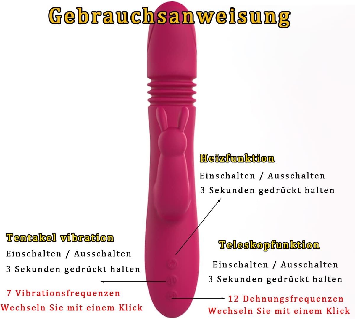 Vibrators for Her Clitoris and G-Spot, Sex Toy for Women with 7 Shock Function and 12 Vibration Modes, Rabbit Vibrator Dildo Vibrator Erotic Sex Toy for Women Couples (Red) – Bild 4