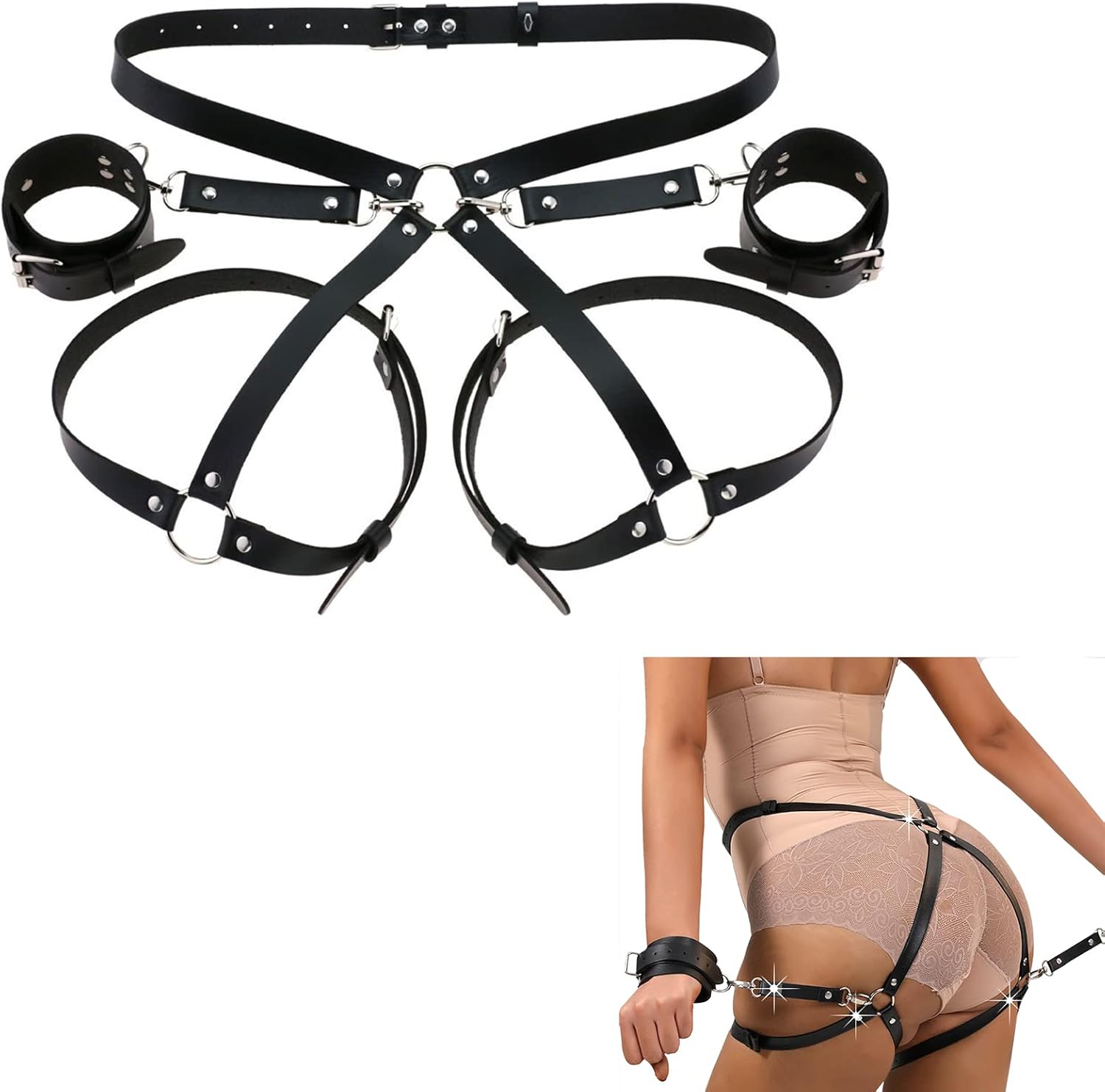 BDSMYOU Punk Harness Women's Leather Restraints Set with Handcuffs, Gothic Clothing Bondage Set with Garter Belt, Sexy Lingerie for Sex, Underwear BDSM Toy for Couples
