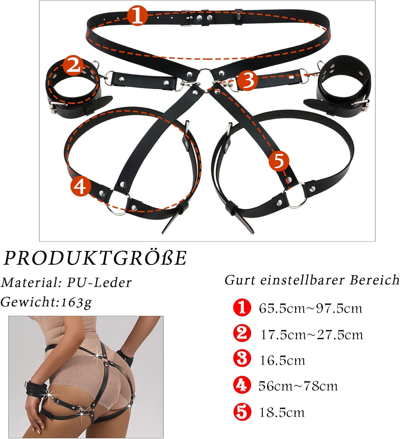 BDSMYOU Punk Harness Women's Leather Restraints Set with Handcuffs, Gothic Clothing Bondage Set with Garter Belt, Sexy Lingerie for Sex, Underwear BDSM Toy for Couples – Bild 6