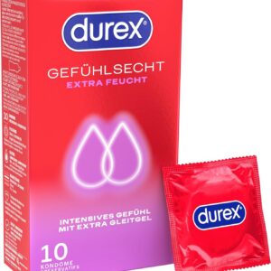 Durex Feel-Real Extra Moist Condoms, Super Delicate Condoms for an Intense Sensation with Extra Lubricant Coating, 1x Pack of 10