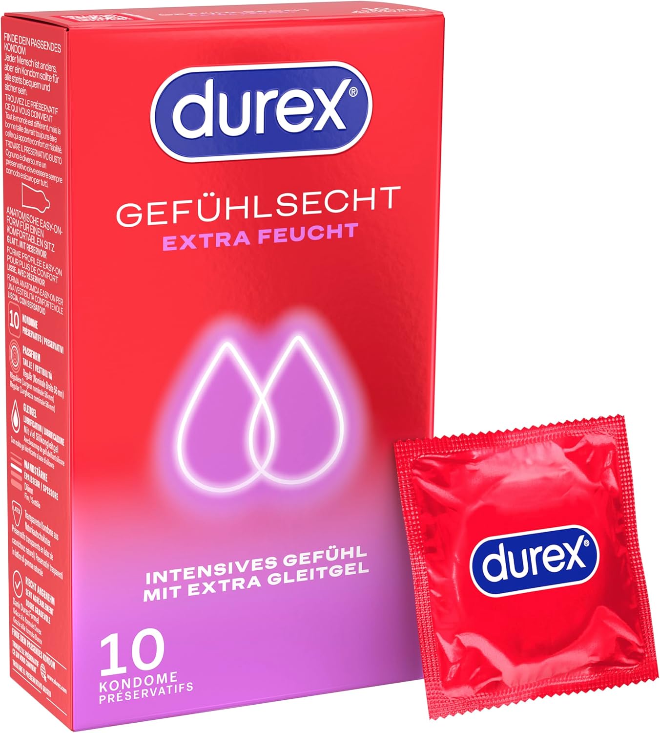 Durex Feel-Real Extra Moist Condoms, Super Delicate Condoms for an Intense Sensation with Extra Lubricant Coating, 1x Pack of 10