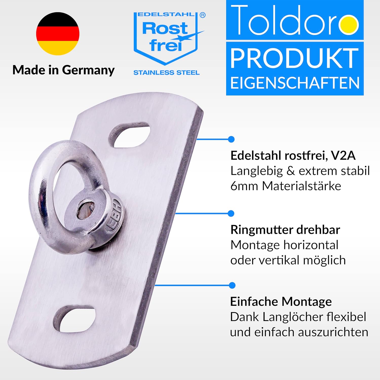 Toldoro® 2 x Ceiling Brackets Made of Stainless Steel Including Mounting Material/Rustproof Wall & Ceiling Hook with 400 kg Breaking Load/Attachment for Hanging Chairs, Sun Sail, Love Swing, Punch Bag – Bild 2