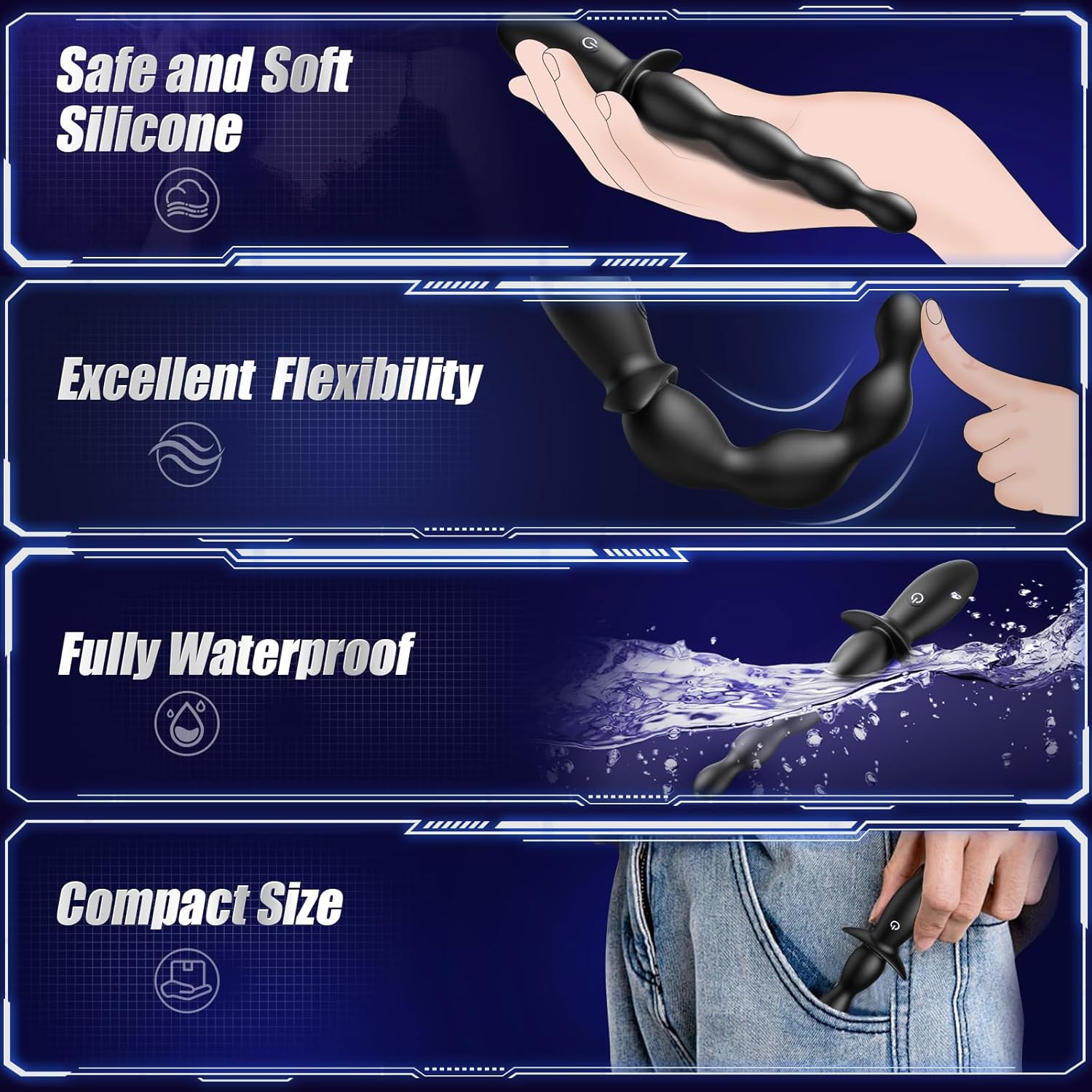 5-stufige Weichsilikon Analkugeln (9"), 7 Vibrationsstufen, Wasserdichter Prostata-Massager für Paare, Hell Schwarz – Bild 4