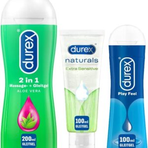 Durex Play Lubricant Versatile Mix Pack for Women and Men – (2-in-1 Massage Gel with Aloe Vera Extracts, Naturals, Play Feel) Set with Water-Based Lubricant for Sex & Condoms Suitable for Sex & Condoms 400 ml