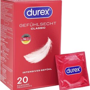 Durex Real Feel Classic Condoms – Thin Condoms with Anatomical Easy-On Shape & Moisturized with Silicone Lubricant – Pack of 20 (1 x 20 Pieces)