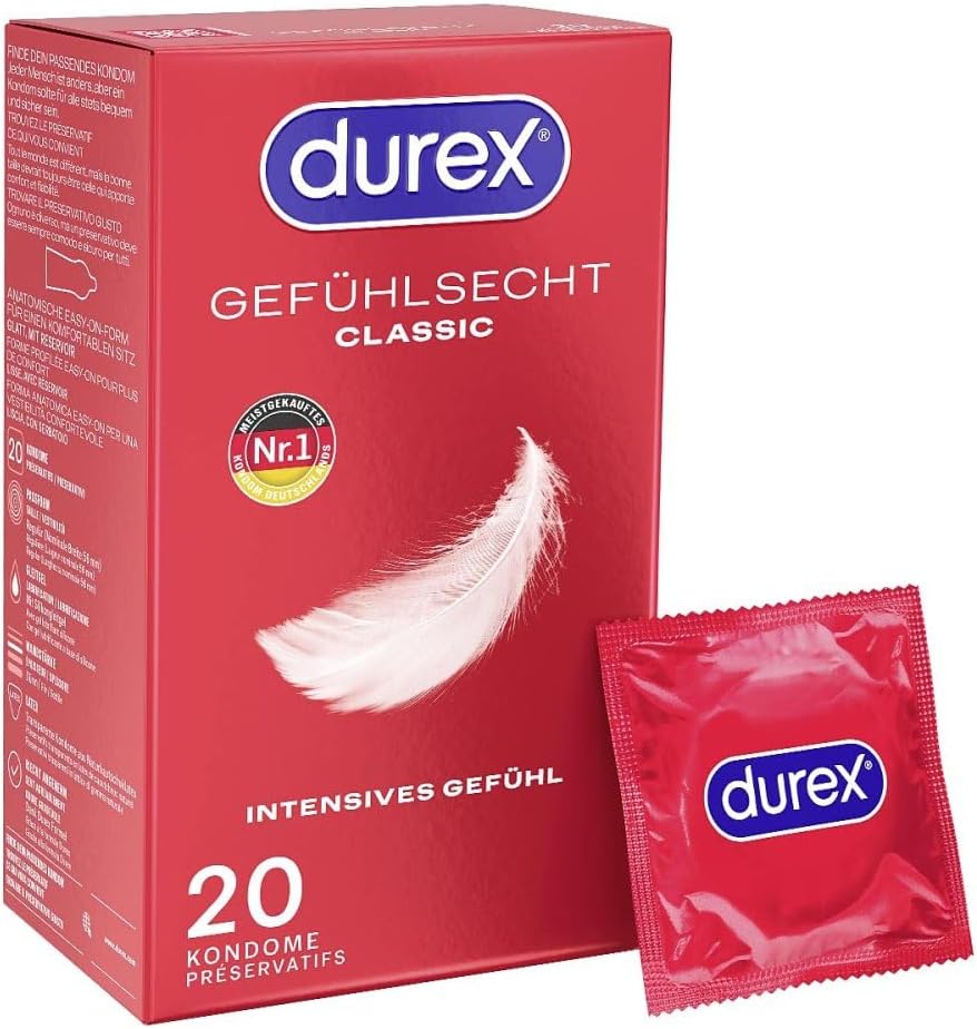 Durex Real Feel Classic Condoms - Thin Condoms with Anatomical Easy-On Shape & Moisturized with Silicone Lubricant - Pack of 20 (1 x 20 Pieces)