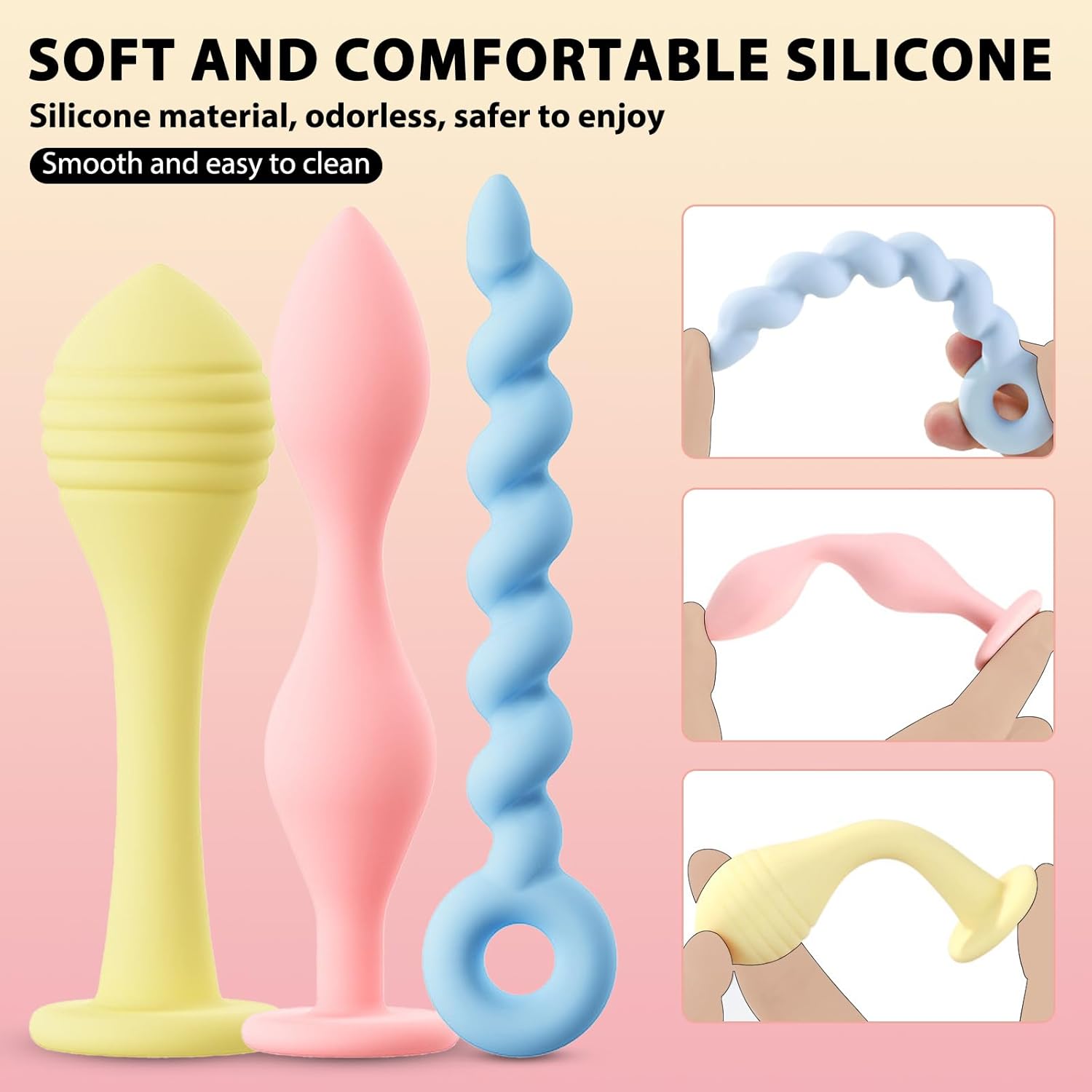 AMZII Set of 3 Plugs Set, Silicone Plug Sex Toy Set, Plug for Women Men, Butt Plug, Balls, Dildo, Butt Plug, Dilator, Butt Shower, Beads, Stretcher (F3) – Bild 2