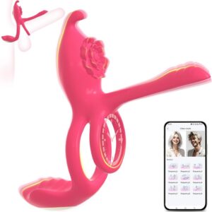 Ring Erotic Sex Toy for Couples – 4-in-1 Double Cock Ring Clitoris G-Spot Vibrators with 10 Modes App Remote Control Stimulator Massager Enlargement Time Extending (Red)