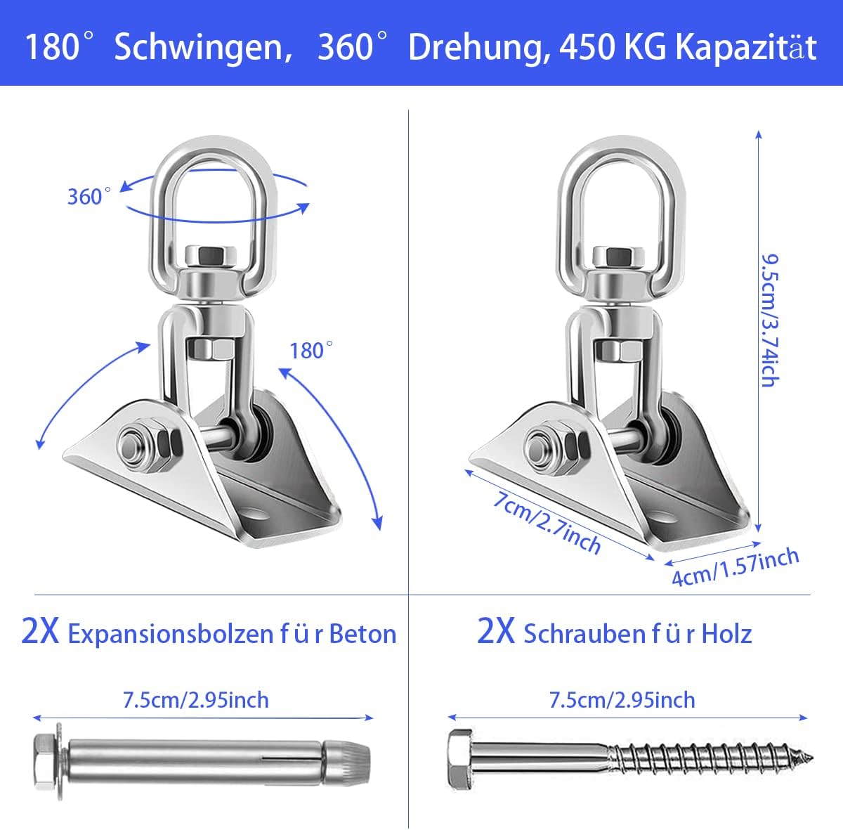 Ceiling Hook Hanging Chair Swing Spring 360° Rotatable Heavy Duty Stainless Steel Ceiling Mount up to 450 kg Swing Hook Suspension Hook Punch Bag Holder with 2 Carabiner Hooks for Hammock Punch Bag Yoga Towel – Bild 3