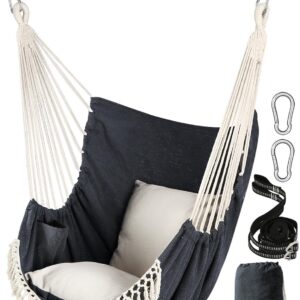 Chihee Hanging Chair, Hanging Swing, 2 Seat Cushions Included, Strong Webbing Straps and Hooks, Easy to Hang Hanging Chair Made of Soft Cotton Fabric, Side Pocket, Large Tassel Chair Set, Comfort Indoors and Outdoors