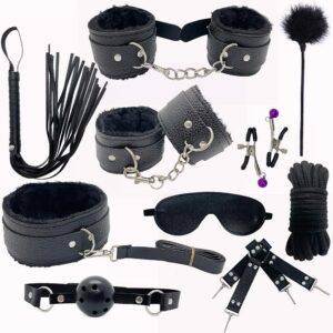 Slave Restraints Sex Toy for Lovers Women and Men in Bed 10 Pieces in Black Adult Sex Tools Bondage Ladies Xmas Valentine’s Gift (Black)
