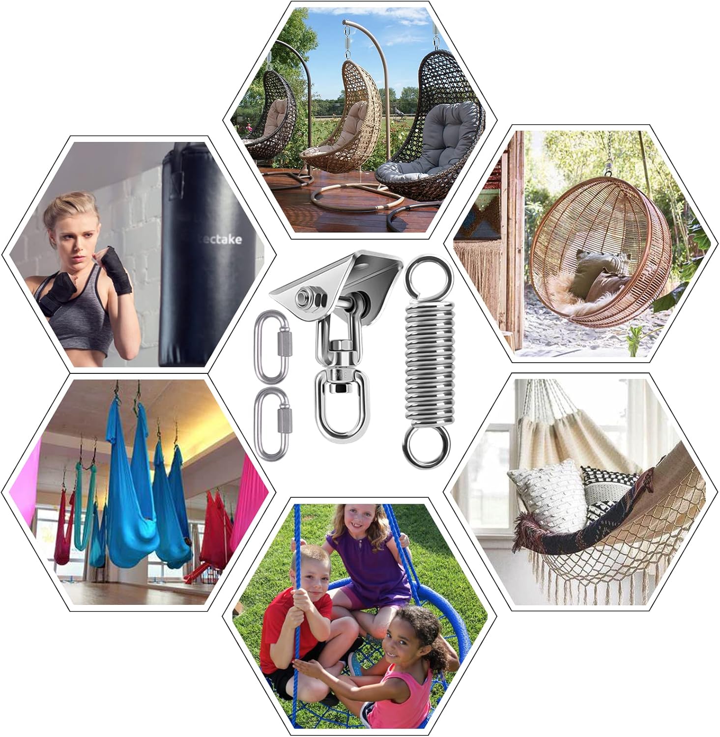 Ceiling Hook Hanging Chair Swing Spring 360° Rotatable Heavy Duty Stainless Steel Ceiling Mount up to 450 kg Swing Hook Suspension Hook Punch Bag Holder with 2 Carabiner Hooks for Hammock Punch Bag Yoga Towel – Bild 6
