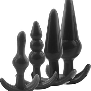 FOPS A49 Plug Set for Women, 4 Pieces (9 cm, 9.5 cm, 11 cm, 12.5 cm) in Black Colour, Sex Toy for Couples, Butt Plug, Beginners, Set, Chain for Women, Chain Toy Plug