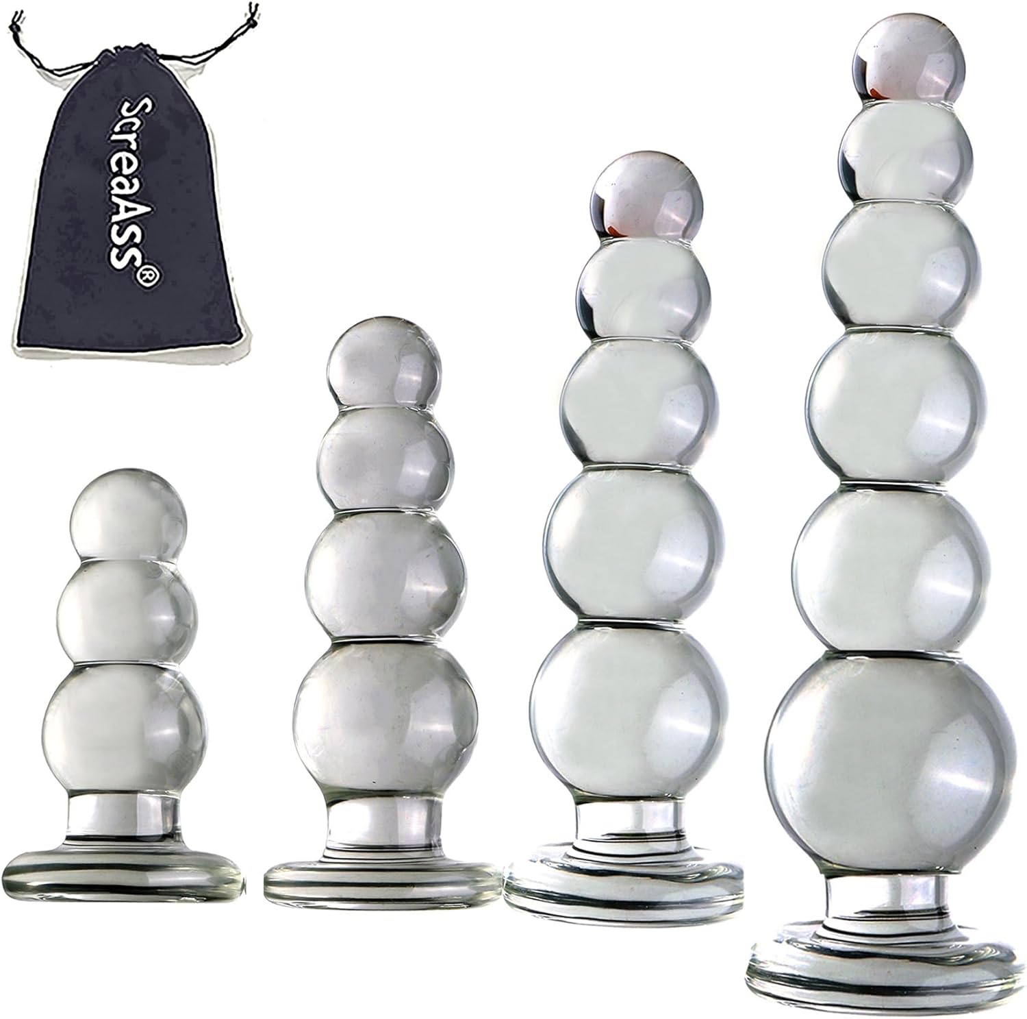 Glass Dildo, Chain Beads with 3/4/5/6 Balls, Smooth Glass Beads, Man, Butt Plug, Transparent Glass Dildo, Gay, SM Sex Toy for Men, Women, Masturbation, Clear, L