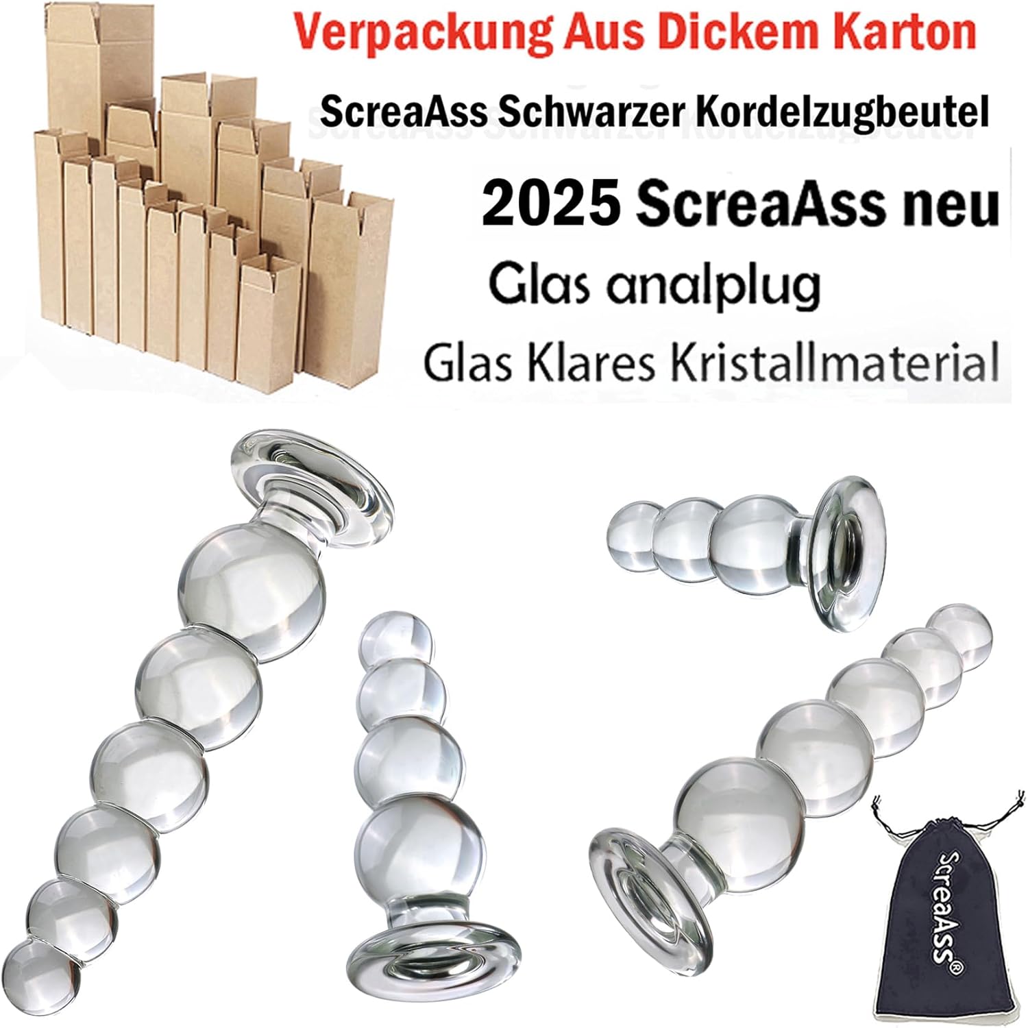 Glass Dildo, Chain Beads with 3/4/5/6 Balls, Smooth Glass Beads, Man, Butt Plug, Transparent Glass Dildo, Gay, SM Sex Toy for Men, Women, Masturbation, Clear, L – Bild 3