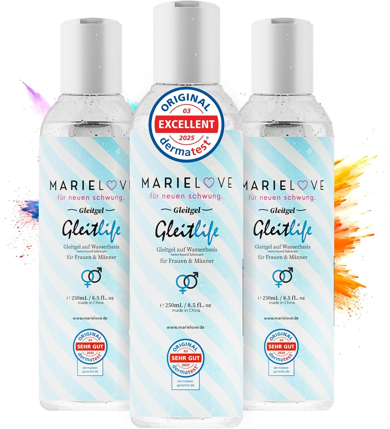 Water-Based Lubricant 250 ml - Odourless & Tasteless - Ideal for Silicone Products & Massagers - Dermatologically Tested - Long-Lasting Lubricant for Men and Women - Pack of 3