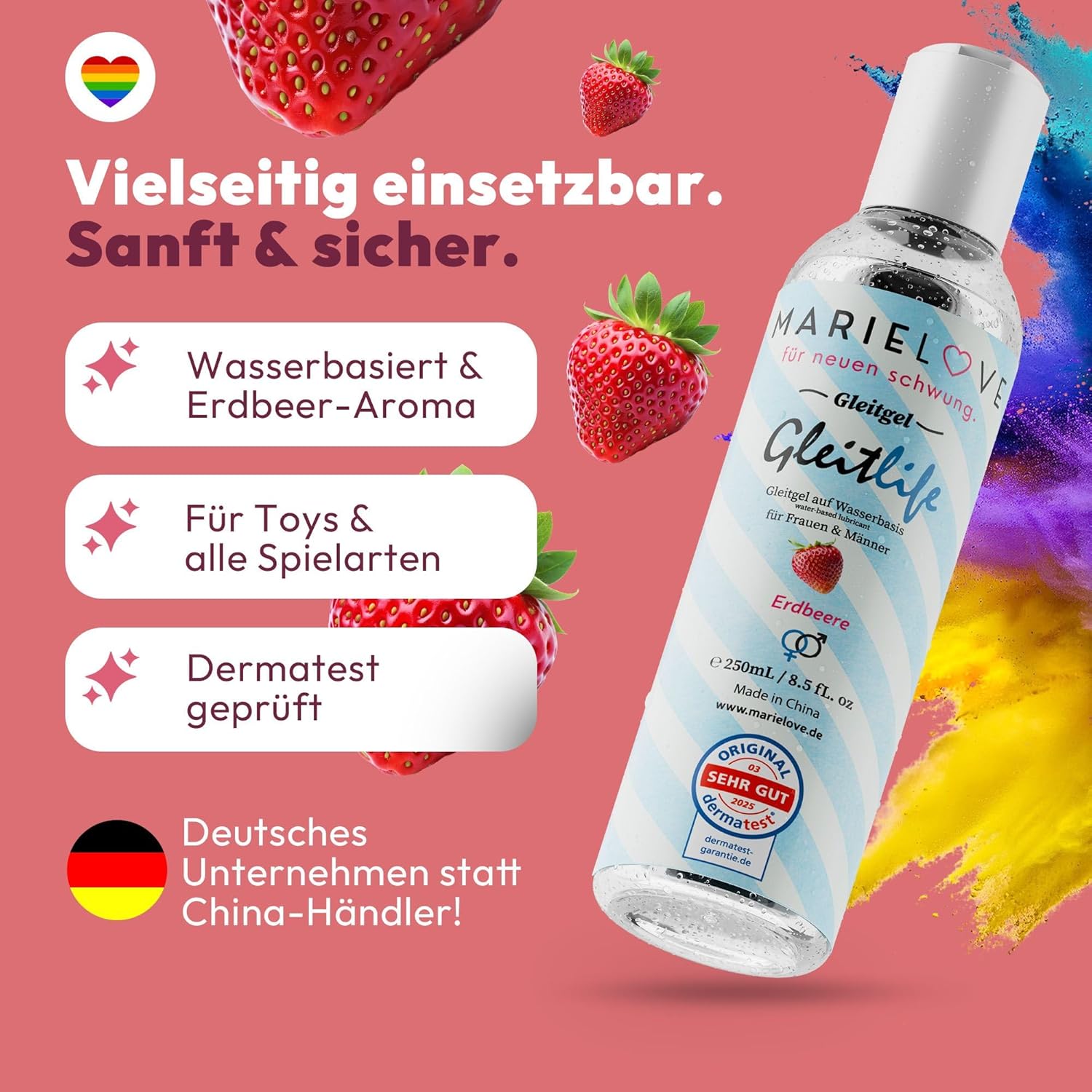 MARIELOVE Strawberry Water Based Lubricant 250ml - Flavoured, Vegan, pH Neutral Formulated, Compatible with Condoms & Silicone Toys, Easy Wipe Clean, Pack of 2
