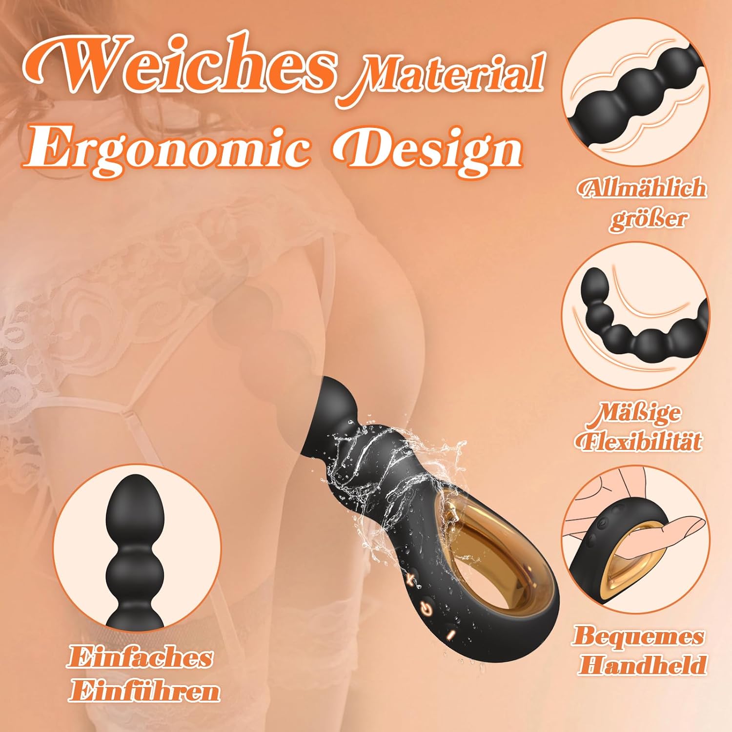 Balls Vibrator with 6 Beads, 25 cm Silicone, Prostate Stimulation Men, 10 Vibration Modes, Progressive Size, Plugs Suitable for Beginners and Couples – Bild 3