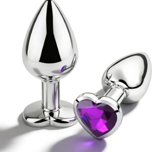 2 Pieces Plug Kit, Butt Plug with Crystal Diamond, High-Quality Metal Plug, Heart-Shaped Plug, Sex Toy for Women Men, Easy to Clean (Dark Purple)