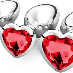3 Pieces Small Medium Large Metal Plug Set with Heart Shape Crystal Diamond Sex Toy Butt Plug for Women Men Couples Beginners for Women Men Plug Metal Set (Red)