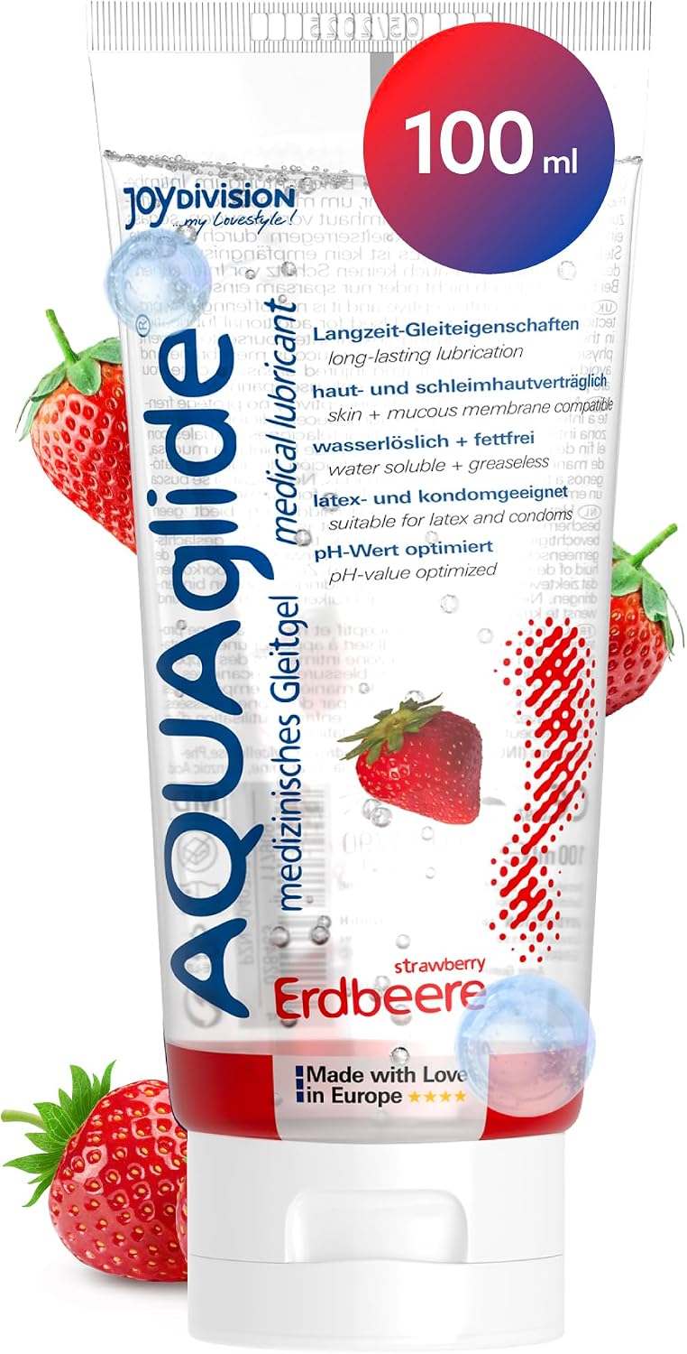 Joydivision AQUAglide Strawberry Lubricant, 100 ml, Vegan Lubricant, Water-Based, with a Sensual Strawberry Fragrance, Crystal Clear Lubricant, Suitable for Latex Condoms