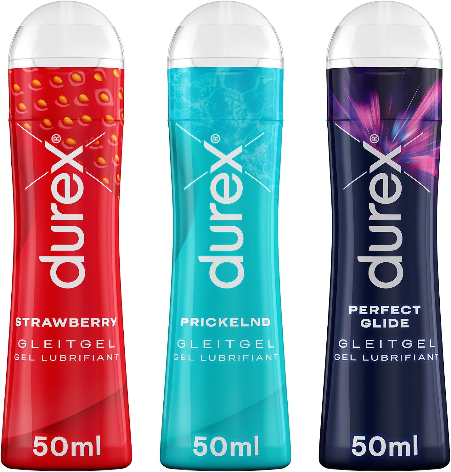 Durex Play Trial Pack with 3 Different Lubricants - Sweet Strawberry, Tingling, Perfect Glide (3 x 50 ml)