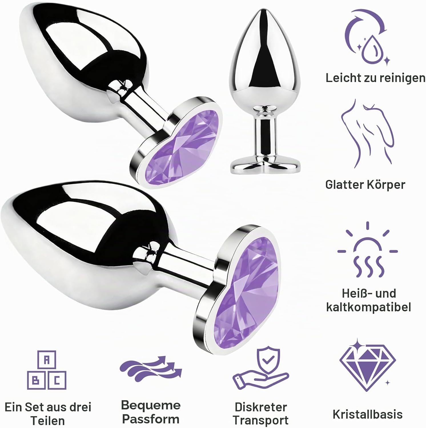 3 Pieces Plug Butt Plug, 3 Sizes for Women, Couples, Men, Beginners (Light Purple) – Bild 2