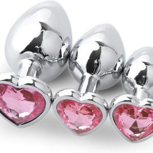Metal Butt Plug, Plug, Set of 3, Butt Plug with Heart Shape Crystal Diamond, Large, Medium, Small Plug, Sex Toy, for Beginners for Women, Men, Couples