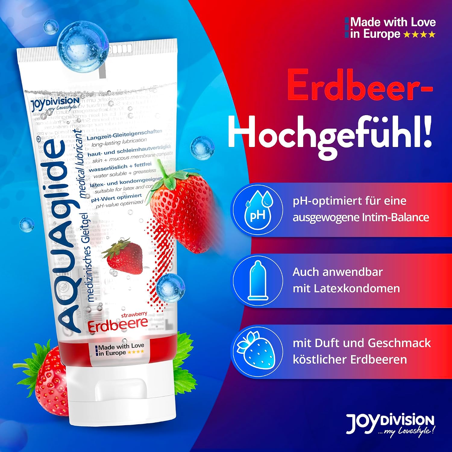 Joydivision AQUAglide Strawberry Lubricant, 100 ml, Vegan Lubricant, Water-Based, with a Sensual Strawberry Fragrance, Crystal Clear Lubricant, Suitable for Latex Condoms – Bild 3